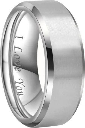CROWNAL 4mm 6mm 8mm Black/Silver Titanium Wedding Couple Bands Rings Men Women Matte Finish Beveled Edges Engraved I Love You Comfort Fit Size 4 To 16