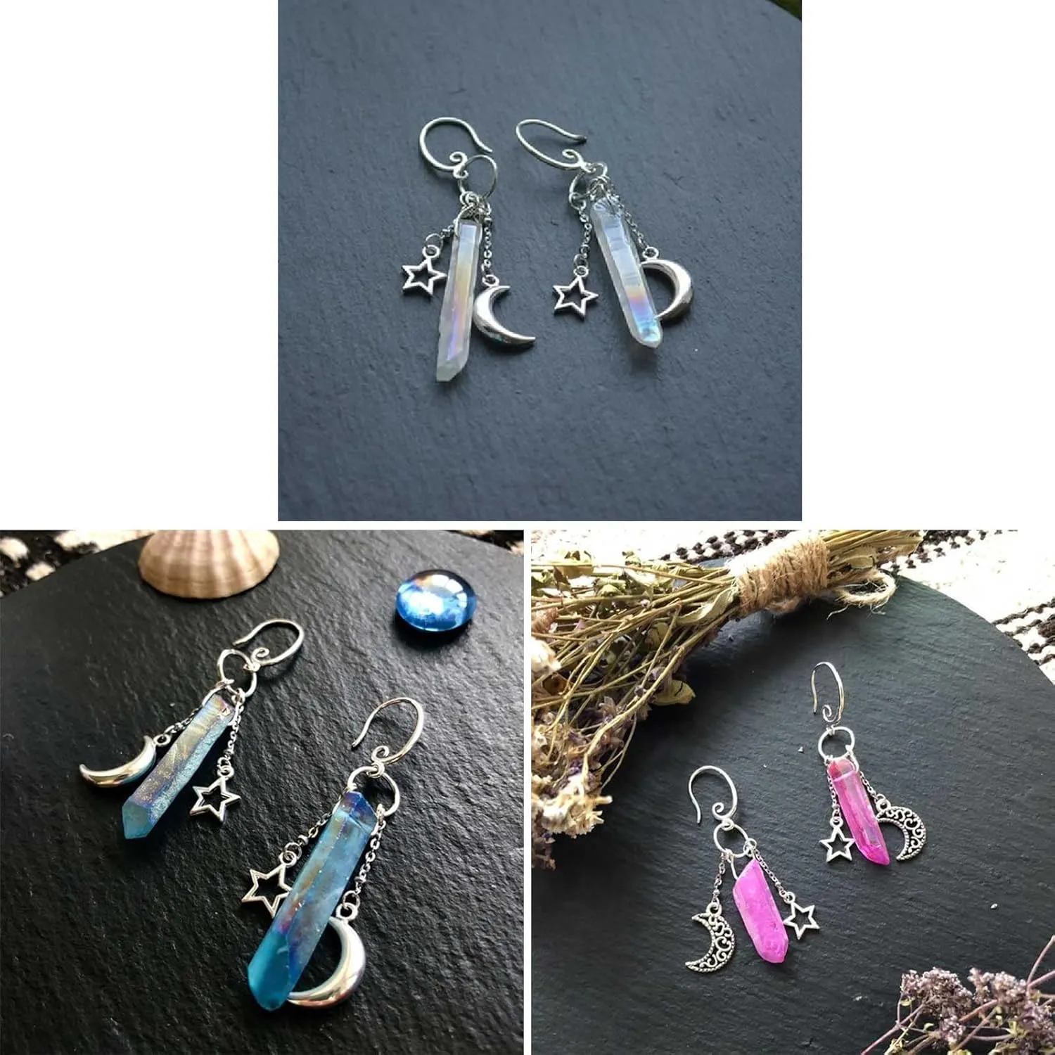 Crystal Moon and Earrings with Dangle Witch Jewelry Healing Handmade Jewelry Women Dangle Earrings