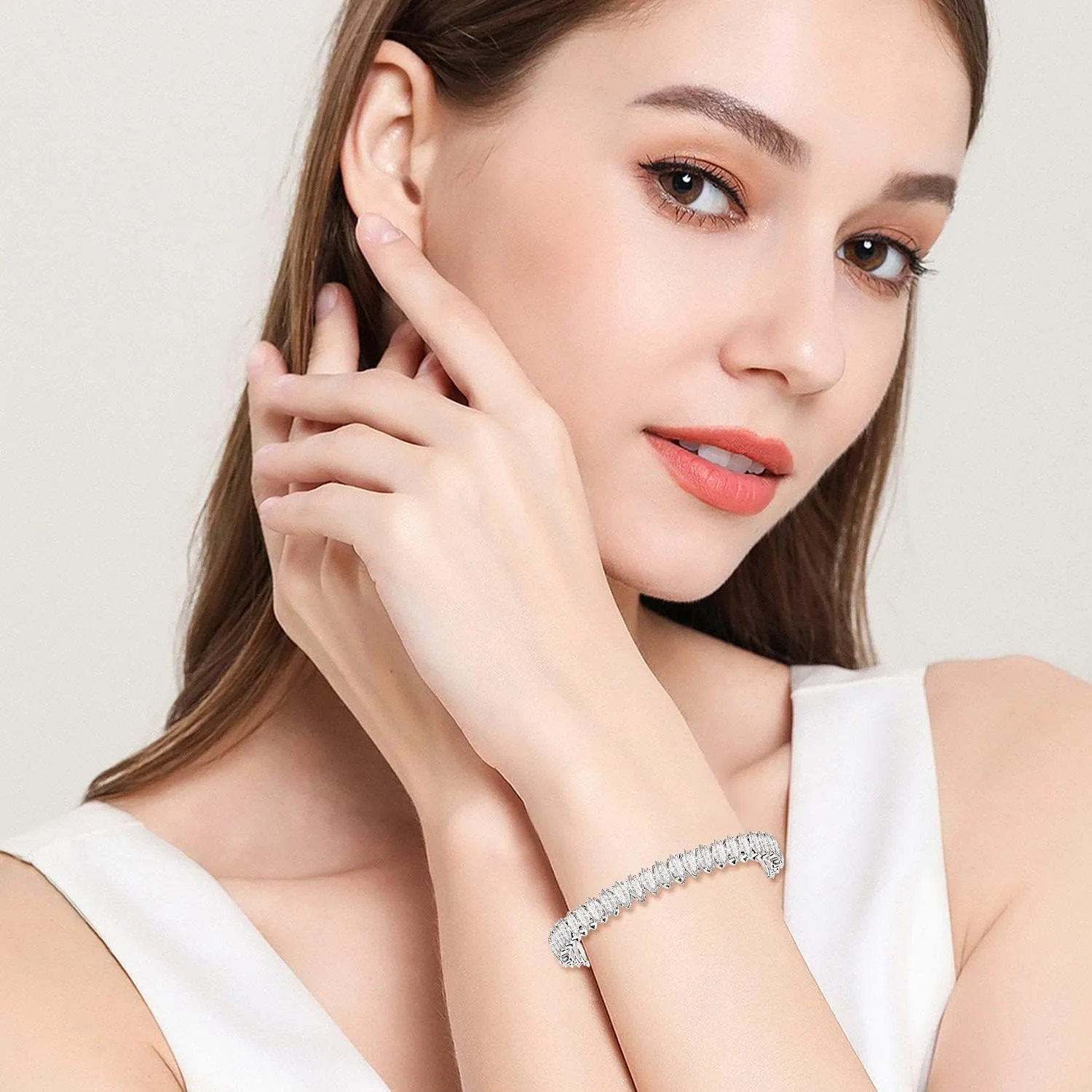Cubic Zirconia Adjustable Cuff Bracelet for Women Men, White Gold Plated CZ Bracelet and Anklets Chain