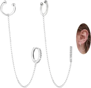 Cubic Zirconia Hoop Earrings with Chain - Sterling Silver Hypoallergenic CZ Huggie Earrings with Chain and Ear Cuffs Gift for Women