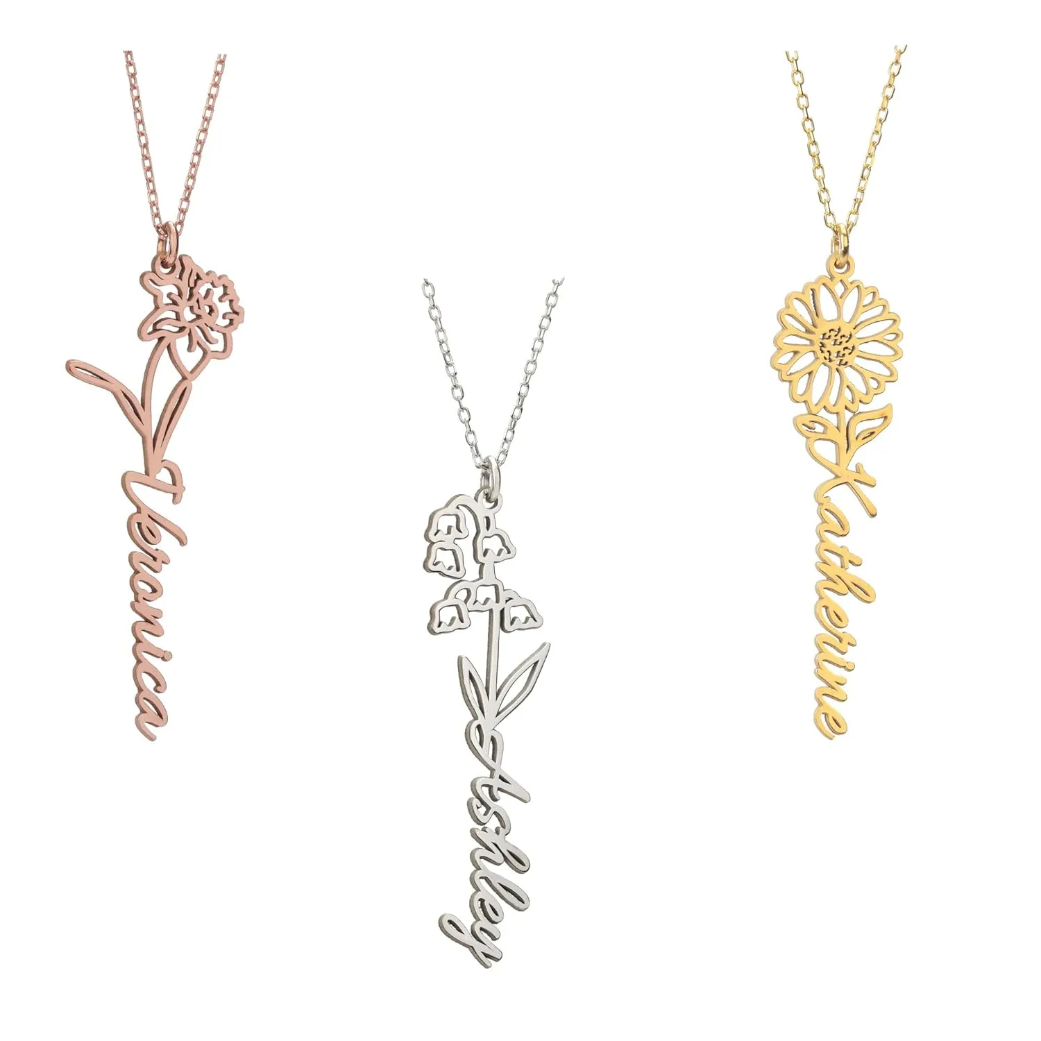 Custom Birth Flower Necklace - Sterling Silver, Handcrafted Name Pendant - Unique Birthday Gift for Her