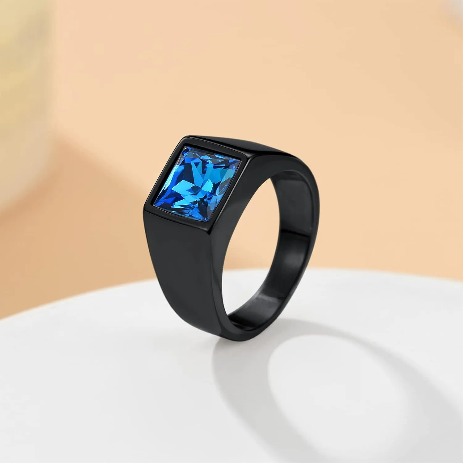 Custom4U Men's Gemstone Rings,Stainless Steel/Black/Gold Plated Blue Stone Square Signet Rings/Skull Rings,Pinky Thumb Ring,Size 7-14,Gothic Punk Jewelry Customized(Gift Box)
