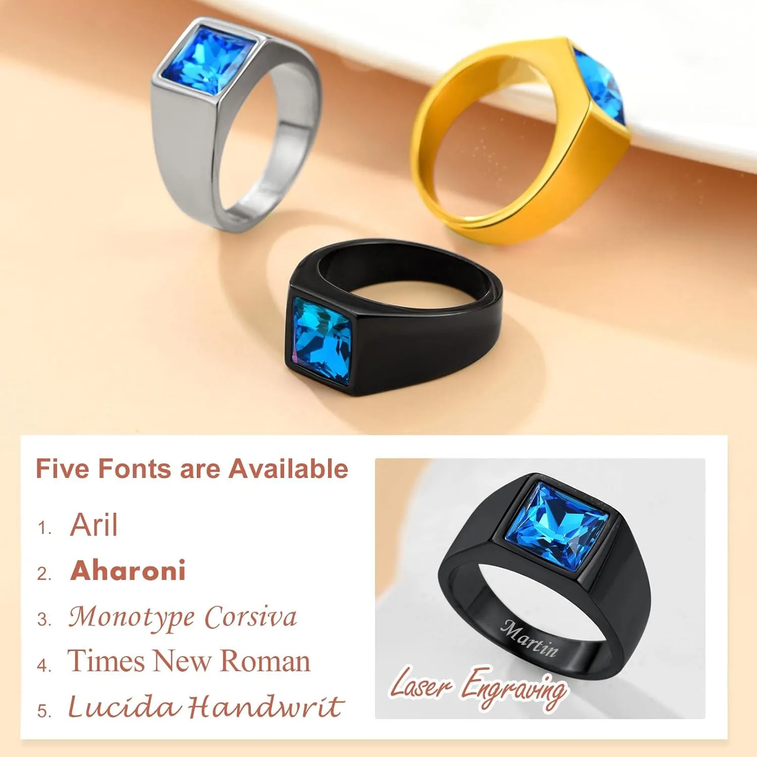 Custom4U Men's Gemstone Rings,Stainless Steel/Black/Gold Plated Blue Stone Square Signet Rings/Skull Rings,Pinky Thumb Ring,Size 7-14,Gothic Punk Jewelry Customized(Gift Box)