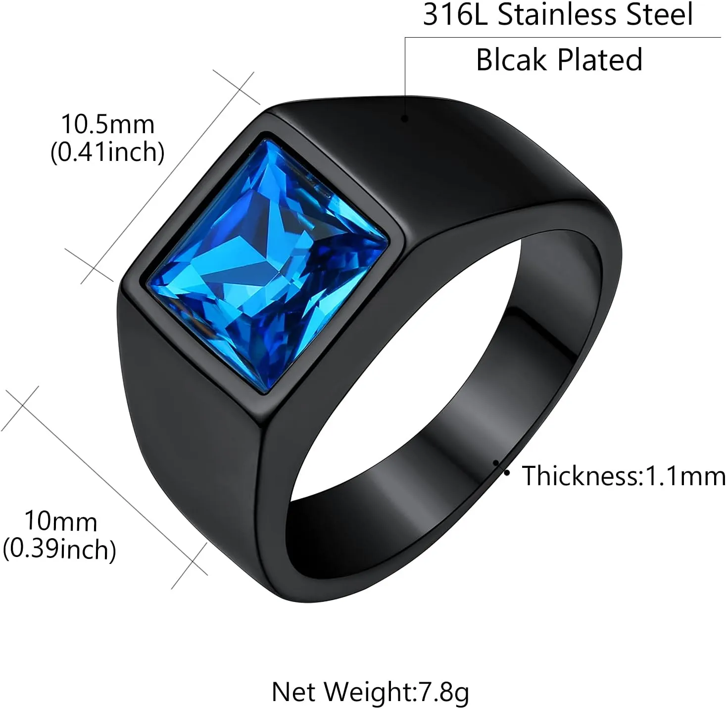 Custom4U Men's Gemstone Rings,Stainless Steel/Black/Gold Plated Blue Stone Square Signet Rings/Skull Rings,Pinky Thumb Ring,Size 7-14,Gothic Punk Jewelry Customized(Gift Box)