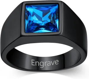 Custom4U Men's Gemstone Rings,Stainless Steel/Black/Gold Plated Blue Stone Square Signet Rings/Skull Rings,Pinky Thumb Ring,Size 7-14,Gothic Punk Jewelry Customized(Gift Box)