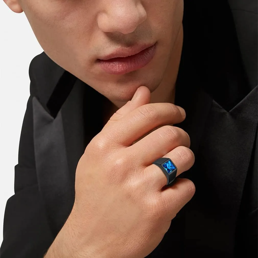 Custom4U Men's Gemstone Rings,Stainless Steel/Black/Gold Plated Blue Stone Square Signet Rings/Skull Rings,Pinky Thumb Ring,Size 7-14,Gothic Punk Jewelry Customized(Gift Box)