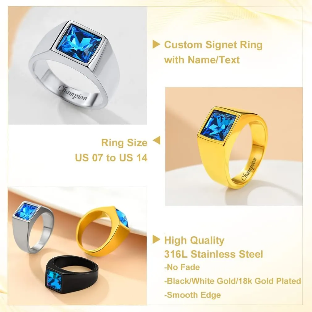 Custom4U Men's Gemstone Rings,Stainless Steel/Black/Gold Plated Blue Stone Square Signet Rings/Skull Rings,Pinky Thumb Ring,Size 7-14,Gothic Punk Jewelry Customized(Gift Box)