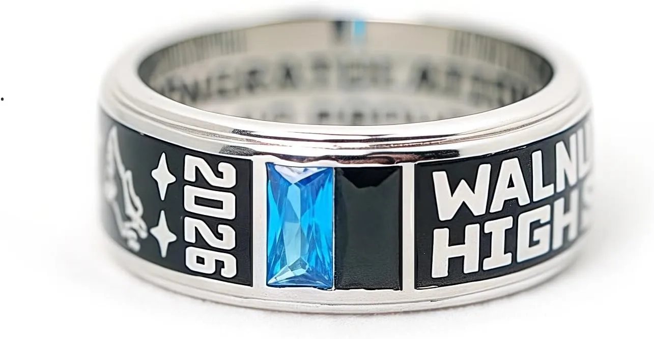 Customizable men's band class ring, black band ring, high school or college graduation ring, graduation gift, sterling silver ring, birthstones ring - modern design -Jour Nouveau Jewelry