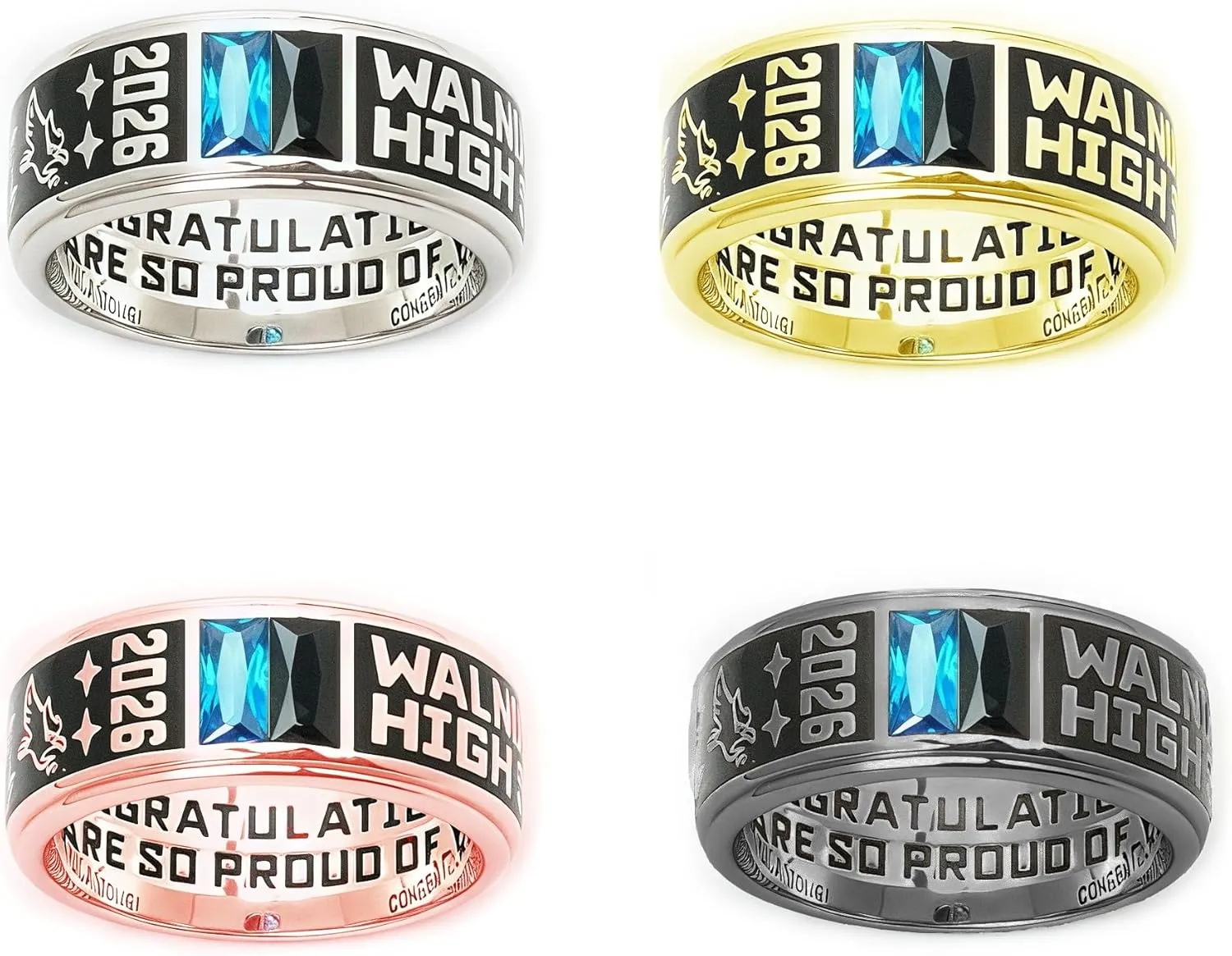 Customizable men's band class ring, black band ring, high school or college graduation ring, graduation gift, sterling silver ring, birthstones ring - modern design -Jour Nouveau Jewelry