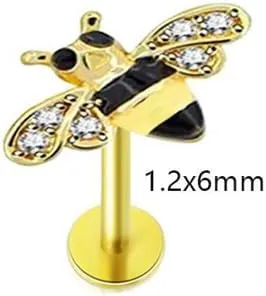 Cute Honeybee Cartilage Labret Monroe Stud Earrings 316L Surgical Stainless Steel Crystal Cubic Zirconia Bee Tragus Conch Helix Studs Lip Nose Rings Fashion Body Piercing Bar 6mm 8mm Length Jewelry Gifts for Women Girls 16G