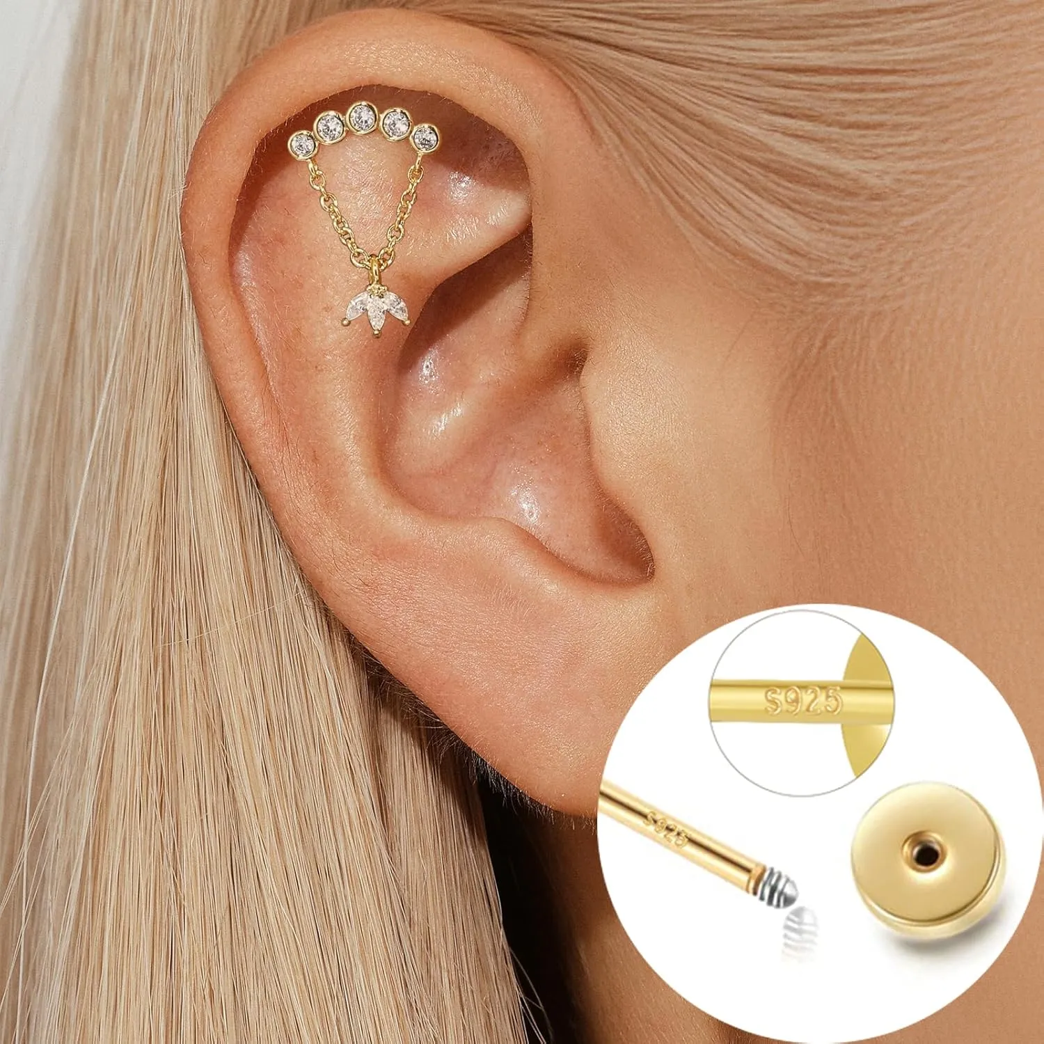 Dainty Flat Back Earrings, 14K Gold Cute Stud Cartilage Earrings with S925 Sterling Silver Post, Hypoallergenic Flatback Earrings for Women Helix Earrings Jewelry