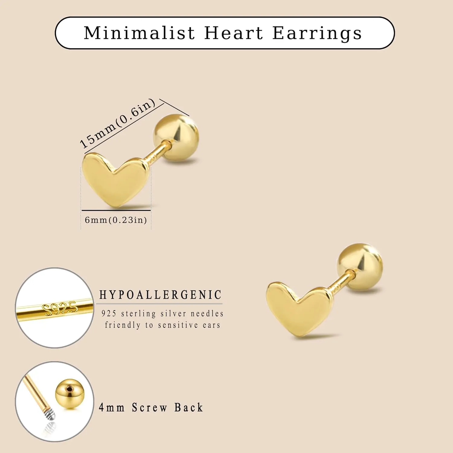Dainty Gold Heart Stud Earrings for Women with S925 Sterling Silver Post, Hypoallergenic 14K Gold Plated Small Love Heart Shaped Earrings Minimalist Jewelry, Cartilage Helix Piercing