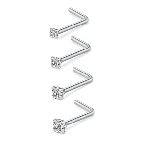 Dainty L Shaped CZ Nose Studs 20G Hypoallergenic,Silver Nose Rings Studs:1.5mm 2.0mm 2.5mm 3.0mm CZ Bend Shaped Nostrial Body Piercing Jewelry,Set of 4Pcs
