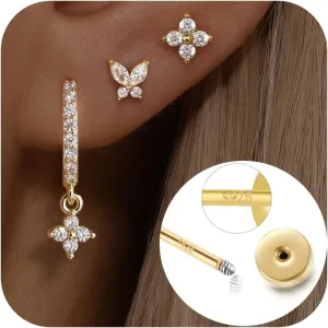 Dainty Pink Butterfly Earrings for Women, 14K Gold Plated Butterfly Hoop Earring Sets with S925 Sterling Silver Post, Pink Earring Stacks Jewelry