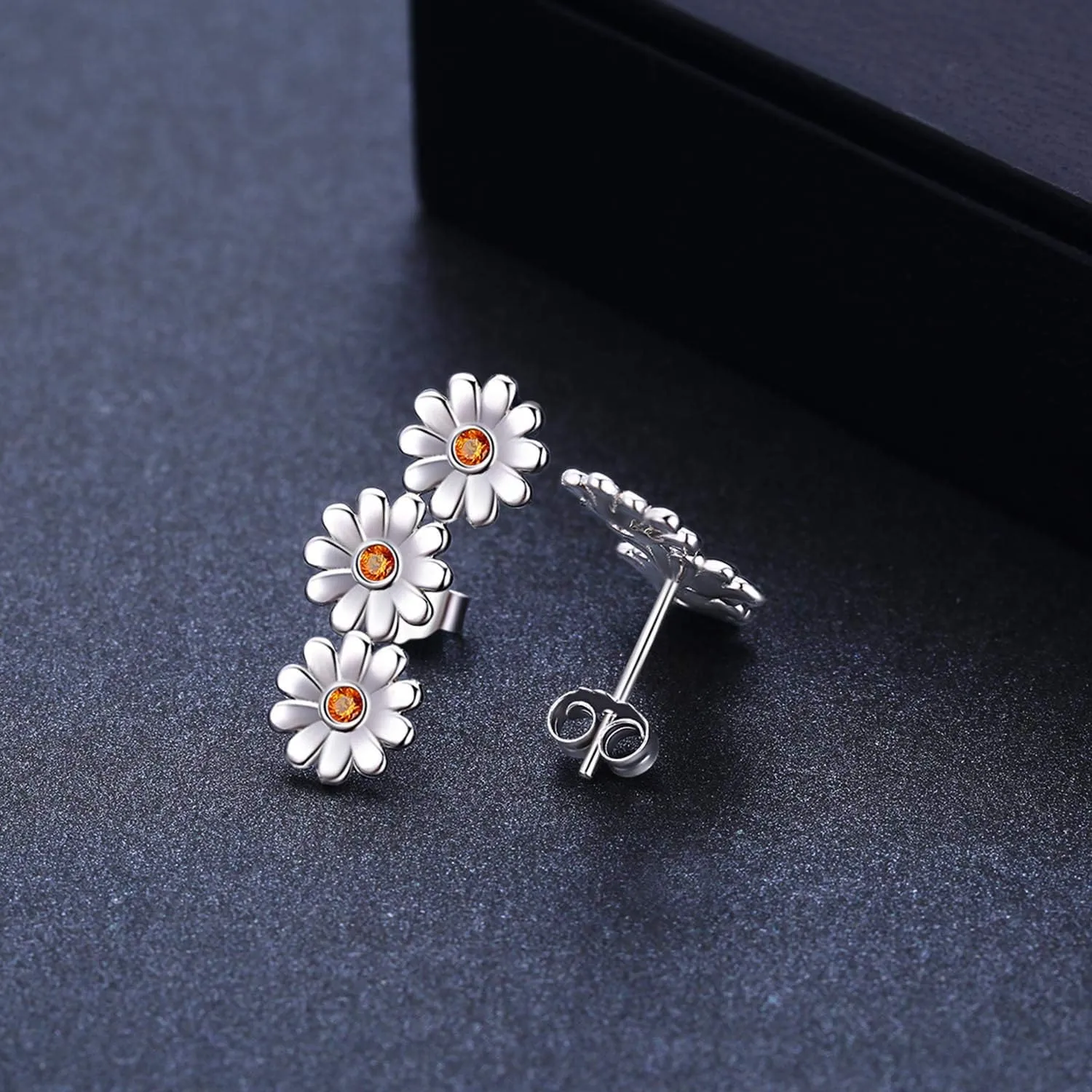 Daisy Flower Earrings, 925 Sterling Silver Studs Earrings Hypoallergenic for Sensitive Ears Triple Tiny Sunflower Flower Jewelry Mother Day for Women with Box