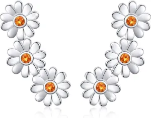 Daisy Flower Earrings, 925 Sterling Silver Studs Earrings Hypoallergenic for Sensitive Ears Triple Tiny Sunflower Flower Jewelry Mother Day for Women with Box