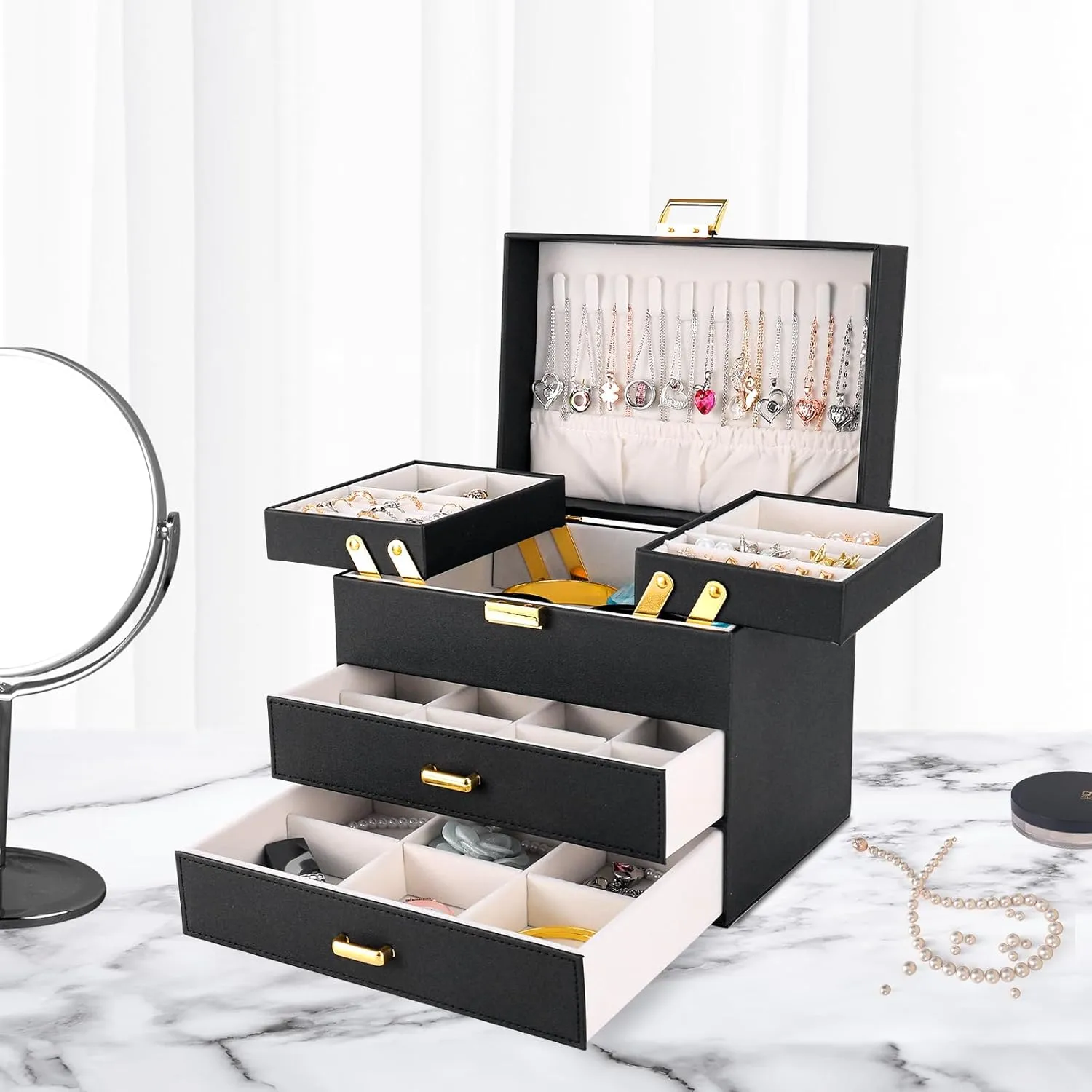 Dajasan Jewelry Boxes for Women Girls, Jewelry Holder Organizer Box, 4 Layers Large Jewelry Storage Organizer for Earring, Ring, Necklace, Bracelets (Black)