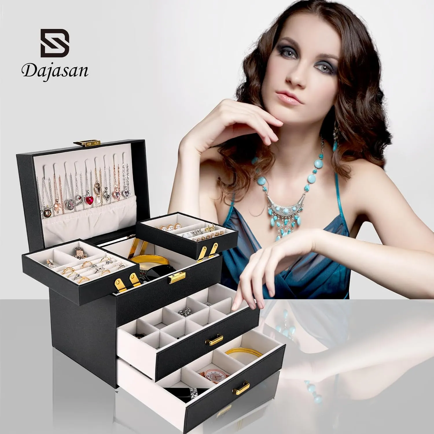 Dajasan Jewelry Boxes for Women Girls, Jewelry Holder Organizer Box, 4 Layers Large Jewelry Storage Organizer for Earring, Ring, Necklace, Bracelets (Black)