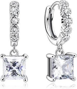 Dangle Hoop Earrings Sterling Silver Square Cubic Zirconia Hypoallergenic White Gold Simple Fashionable Small Compact Elegant Earrings for Women Jewelry Gifts for Girlfriend Wedding Birthday