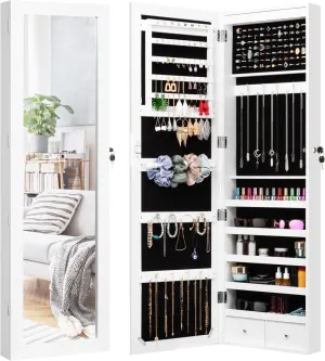 DECOMIL LED Light Jewelry Cabinet Armoire with Mirror, Large Storage 57" Tall Mirrored Armoire Box Necklace Ring 27 Hook Girls Women, Modern, White (White with Hanger)