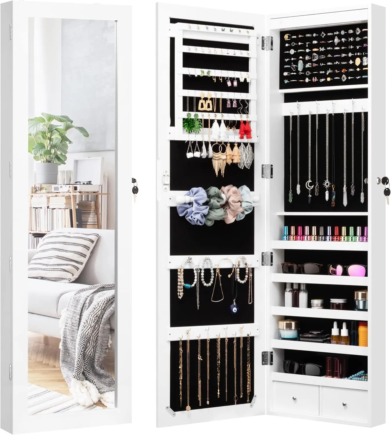 DECOMIL LED Light Jewelry Cabinet Armoire with Mirror, Large Storage 57" Tall Mirrored Armoire Box Necklace Ring 27 Hook Girls Women, Modern, White (White with Hanger)