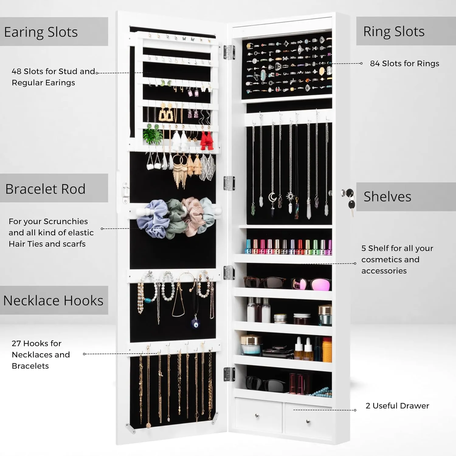 DECOMIL LED Light Jewelry Cabinet Armoire with Mirror, Large Storage 57" Tall Mirrored Armoire Box Necklace Ring 27 Hook Girls Women, Modern, White (White with Hanger)