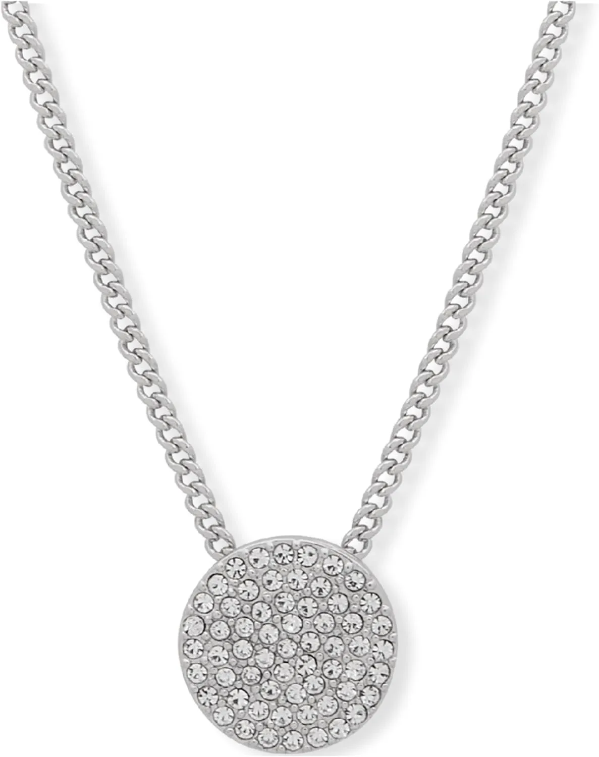 DKNY Pav Disc Pendant Necklace - Silver Necklace for Women - Beautiful Women's Jewelry - Silver & Crystal, 16"