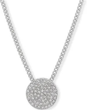 DKNY Pav Disc Pendant Necklace - Silver Necklace for Women - Beautiful Women's Jewelry - Silver & Crystal, 16"