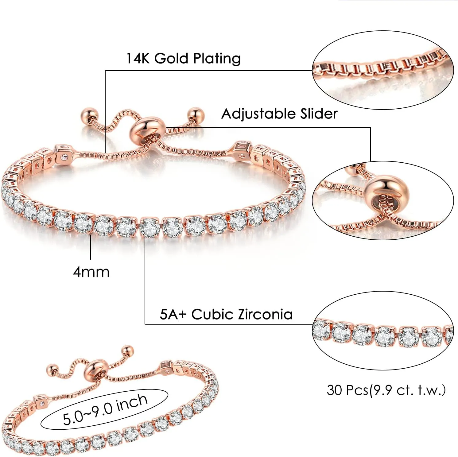 Double Fair 2 Pcs Tennis Bracelets for Women 14K Gold Plated AAA  Cubic Zirconia CZ Diamond Classic Adjustable Slider Bracelet Fashion Jewelry Wedding Gift Size 6.5-7.5 Inch