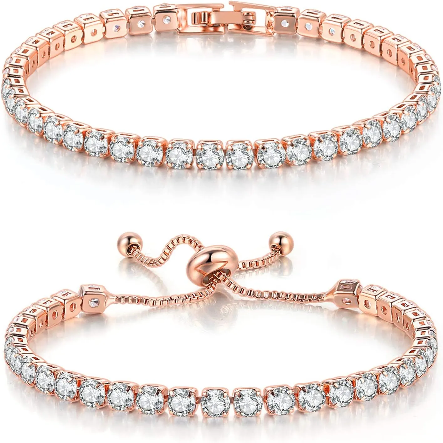 Double Fair 2 Pcs Tennis Bracelets for Women 14K Gold Plated AAA  Cubic Zirconia CZ Diamond Classic Adjustable Slider Bracelet Fashion Jewelry Wedding Gift Size 6.5-7.5 Inch