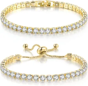 Double Fair 2 Pcs Tennis Bracelets for Women 14K Gold Plated AAA  Cubic Zirconia CZ Diamond Classic Adjustable Slider Bracelet Fashion Jewelry Wedding Gift Size 6.5-7.5 Inch