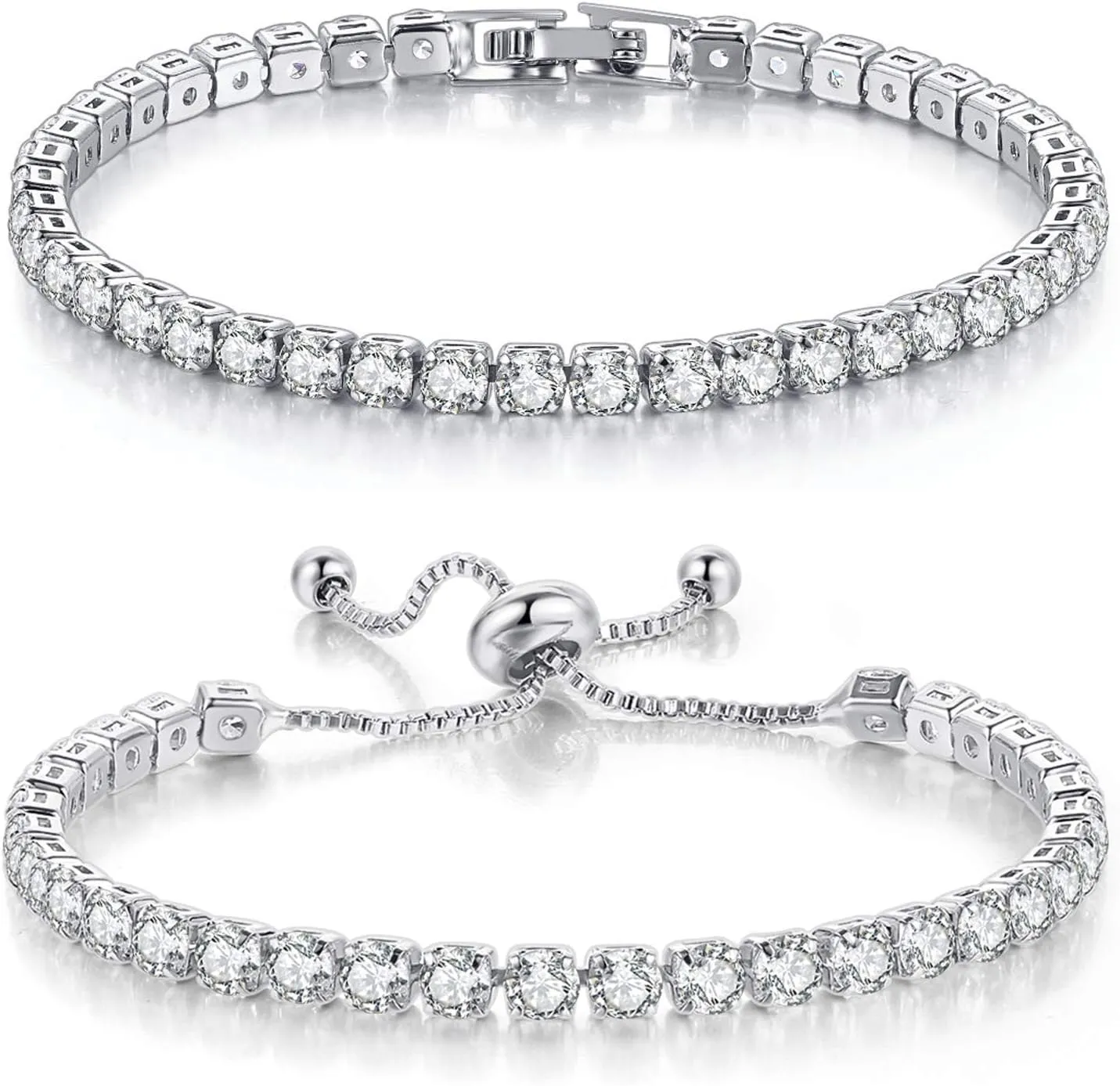 Double Fair 2 Pcs Tennis Bracelets for Women 14K Gold Plated AAA  Cubic Zirconia CZ Diamond Classic Adjustable Slider Bracelet Fashion Jewelry Wedding Gift Size 6.5-7.5 Inch