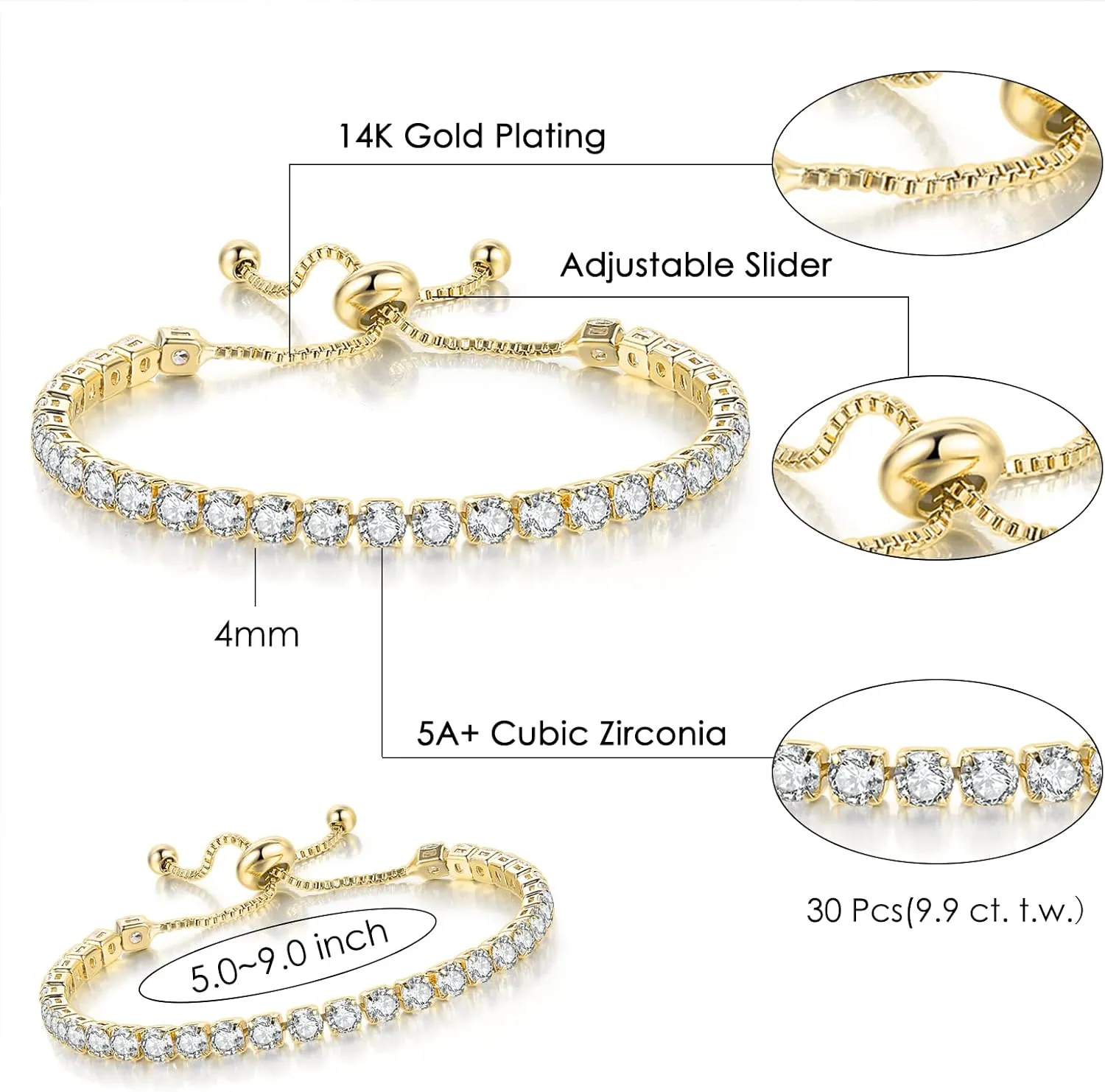 Double Fair 2 Pcs Tennis Bracelets for Women 14K Gold Plated AAA  Cubic Zirconia CZ Diamond Classic Adjustable Slider Bracelet Fashion Jewelry Wedding Gift Size 6.5-7.5 Inch