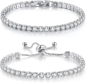 Double Fair 2 Pcs Tennis Bracelets for Women 14K Gold Plated AAA  Cubic Zirconia CZ Diamond Classic Adjustable Slider Bracelet Fashion Jewelry Wedding Gift Size 6.5-7.5 Inch