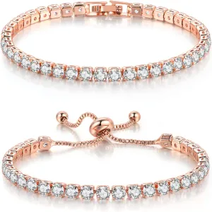 Double Fair 2 Pcs Tennis Bracelets for Women 14K Gold Plated AAA  Cubic Zirconia CZ Diamond Classic Adjustable Slider Bracelet Fashion Jewelry Wedding Gift Size 6.5-7.5 Inch