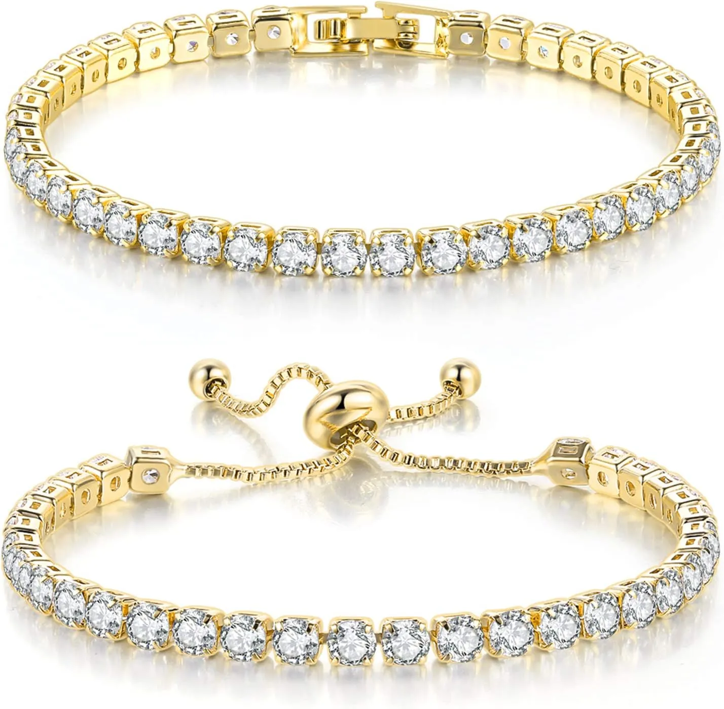 Double Fair 2 Pcs Tennis Bracelets for Women 14K Gold Plated AAA  Cubic Zirconia CZ Diamond Classic Adjustable Slider Bracelet Fashion Jewelry Wedding Gift Size 6.5-7.5 Inch