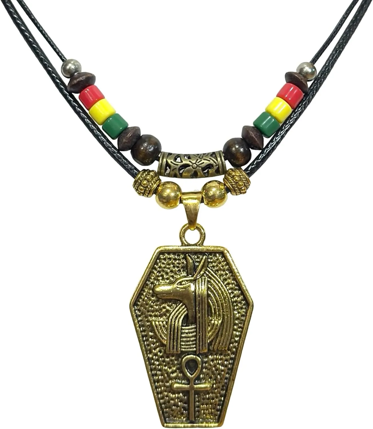 Double Layers Vintage Egyptian Anubis Pendant Necklace Ankh Amulet Rasta Hippie Necklace Jewelry Gift for Men and Women