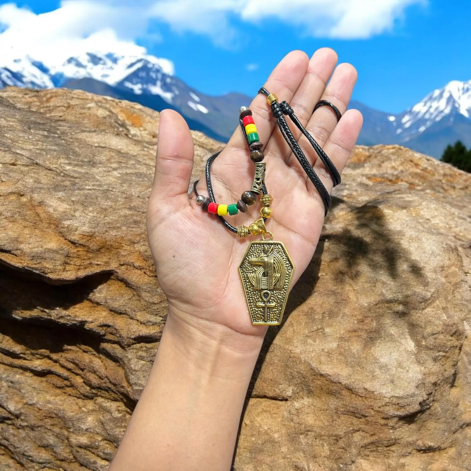 Double Layers Vintage Egyptian Anubis Pendant Necklace Ankh Amulet Rasta Hippie Necklace Jewelry Gift for Men and Women