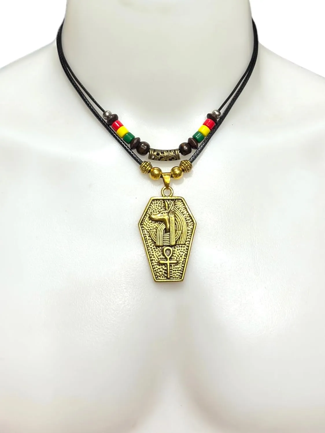 Double Layers Vintage Egyptian Anubis Pendant Necklace Ankh Amulet Rasta Hippie Necklace Jewelry Gift for Men and Women