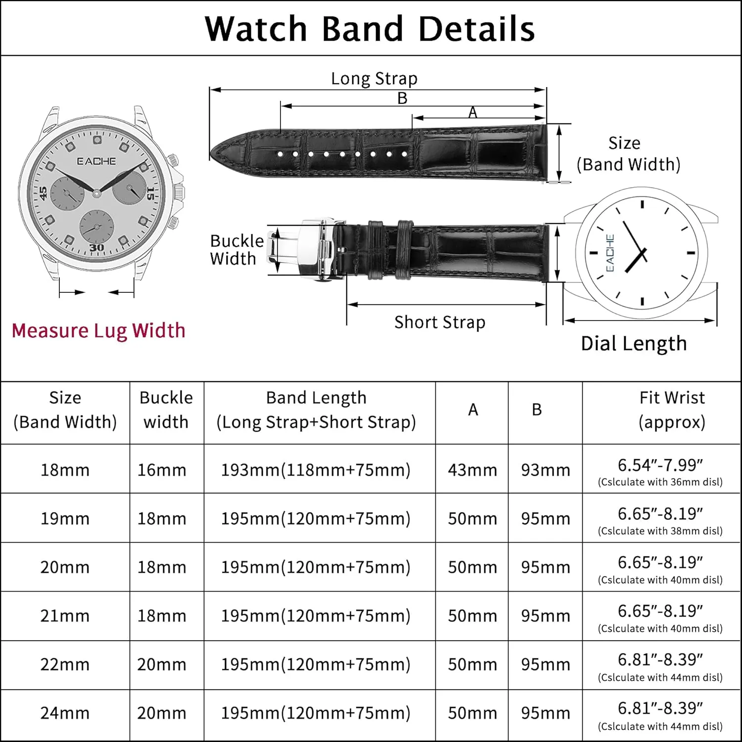 EACHE Croco Design Leather Watch Bands for Men Women,Quick Release Strap with Butterfly Deployment Buckle 18mm 19mm 20mm 21mm 22mm 24mm