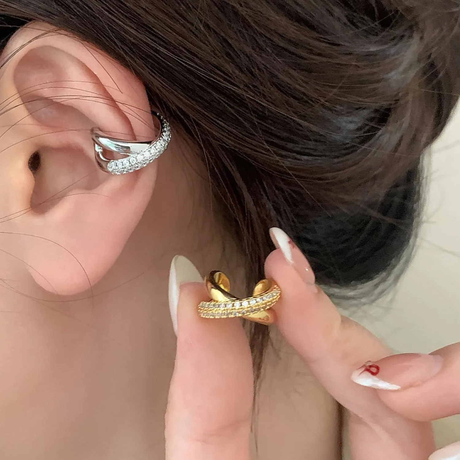 Ear Cuff Earrings for Women Non Piercing Gold Ear Cuffs 14K Gold Cubic Zirconia Cross Ear Cuff for Non Pierced Ears Clip on Cartilage Earring