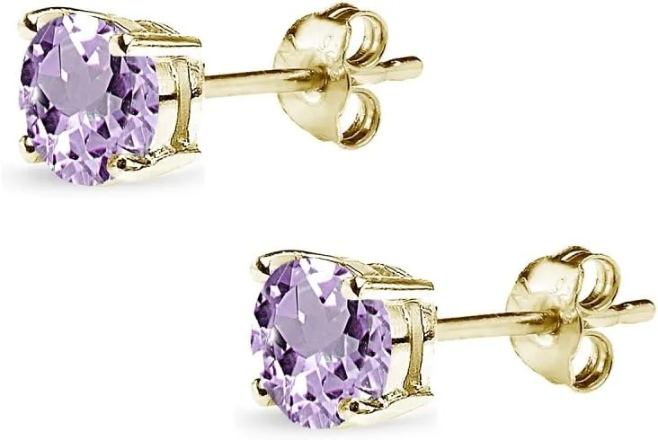 Earrings for Women Sterling Silver Trendy 4mm, 5mm, 7mm, 8mm Solitaire Purple Stud Round Genuine Amethyst Studs for Bridesmaids