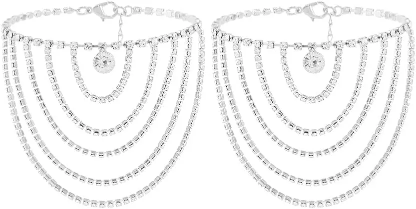 ELABEST Boho Rhinestone Ankle Bracelets 2pcs Crystal Tassel Anklet Layered Ankle Bracelets High-heeled Tennis Foot Chain Wedding Jewelry Accessories For Women and Girls