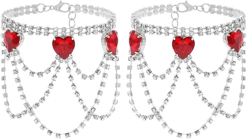 ELABEST Rhinestone Ankle Bracelets Heart Anklet Crystal Tassel Anklet 2pcs Layered Ankle Bracelets Boho High-heeled Tennis Foot Chain Wedding Jewelry Accessories For Women and Girls