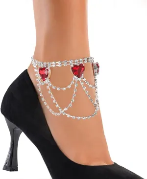 ELABEST Rhinestone Ankle Bracelets Heart Anklet Crystal Tassel Anklet 2pcs Layered Ankle Bracelets Boho High-heeled Tennis Foot Chain Wedding Jewelry Accessories For Women and Girls