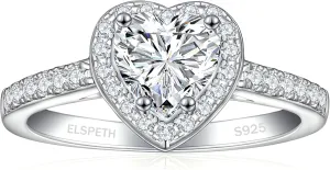 Elspeth 925 Sterling Silver Heart Engagement Ring for Women Heart Cut Cubic Zirconia Promise Ring Size 4-10