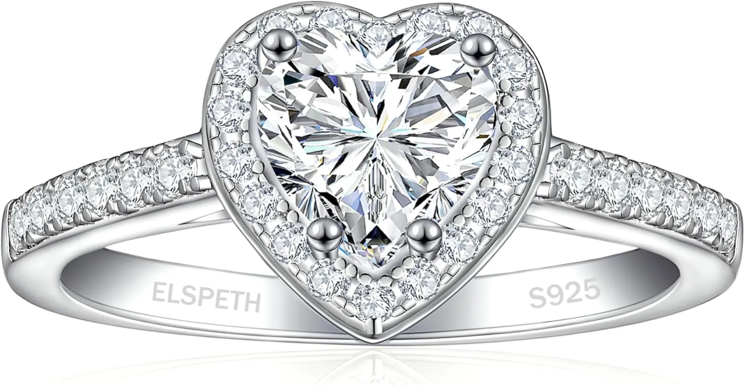 Elspeth 925 Sterling Silver Heart Engagement Ring for Women Heart Cut Cubic Zirconia Promise Ring Size 4-10