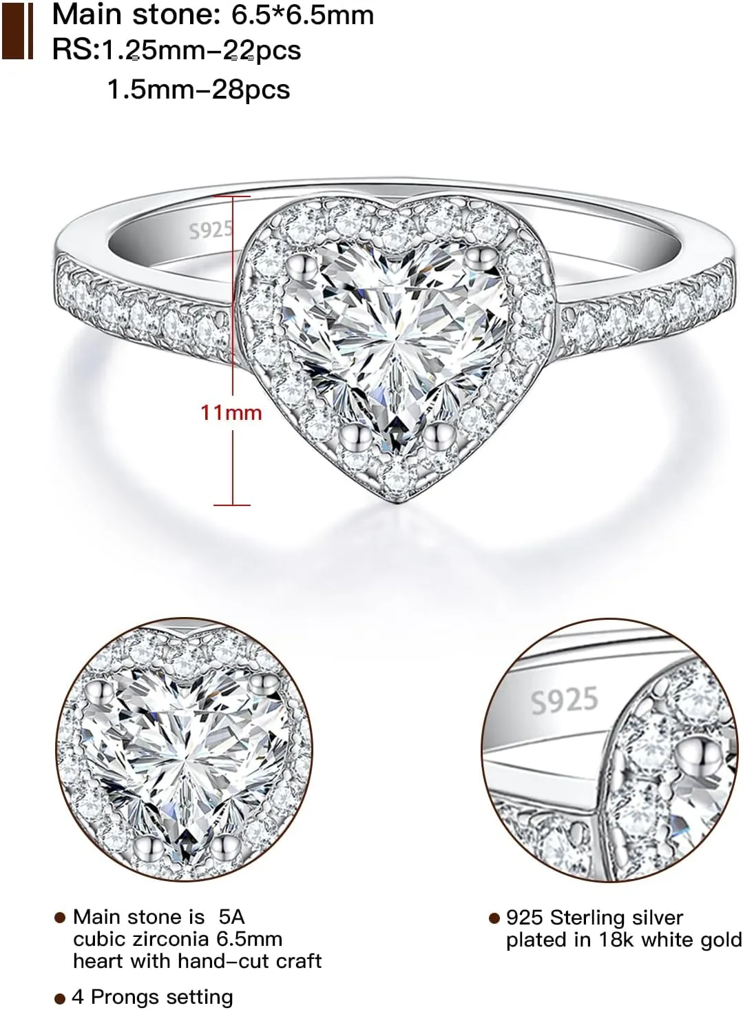 Elspeth 925 Sterling Silver Heart Engagement Ring for Women Heart Cut Cubic Zirconia Promise Ring Size 4-10