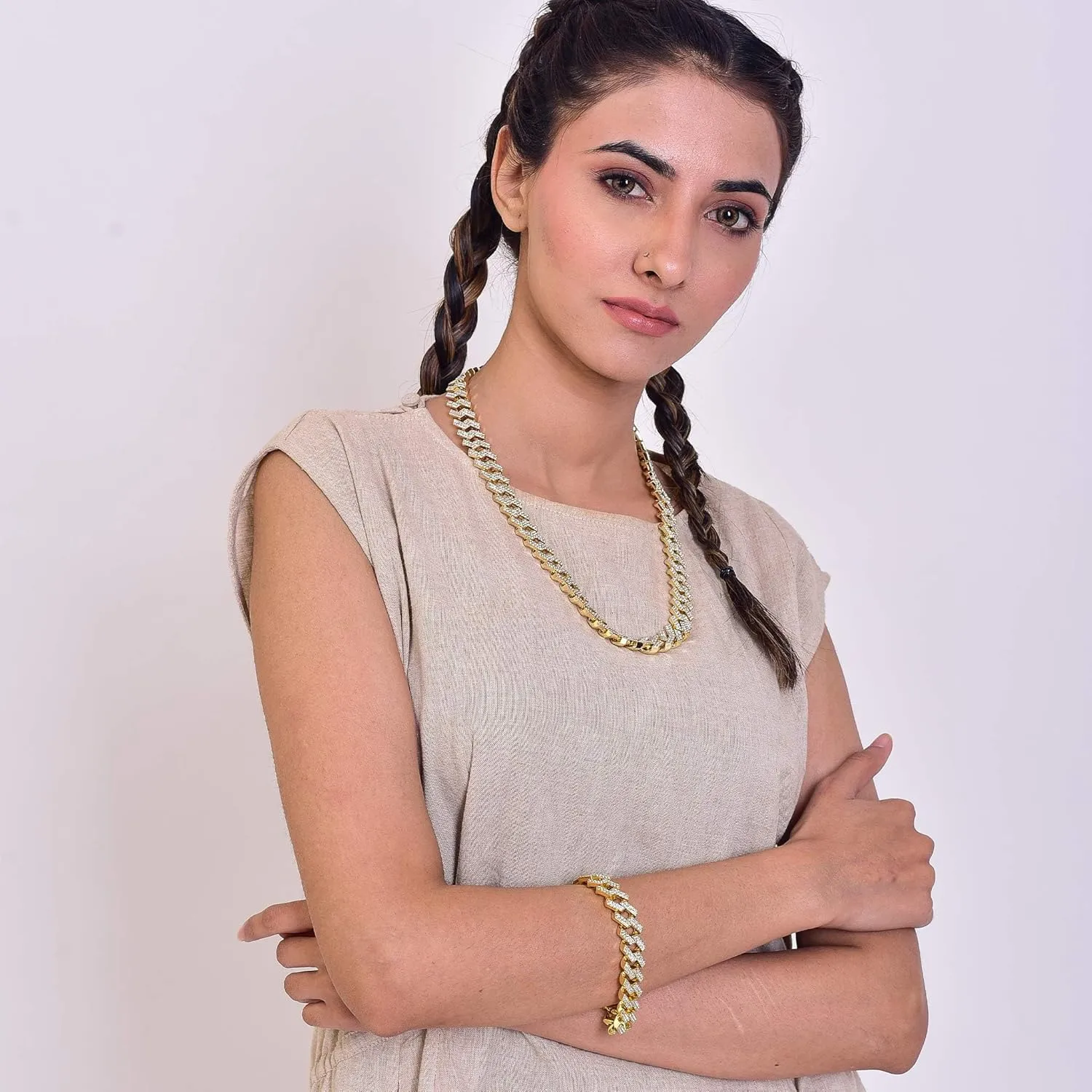 EMESLY Solid Miami Cuban Link Chain Gold/Silver Necklace (16, 18, 20, 22, 24 Inches Length); Hip Hop Bracelet (8" Length) for Men & Women; Perfect Iced Out Bling Jewelry Gift