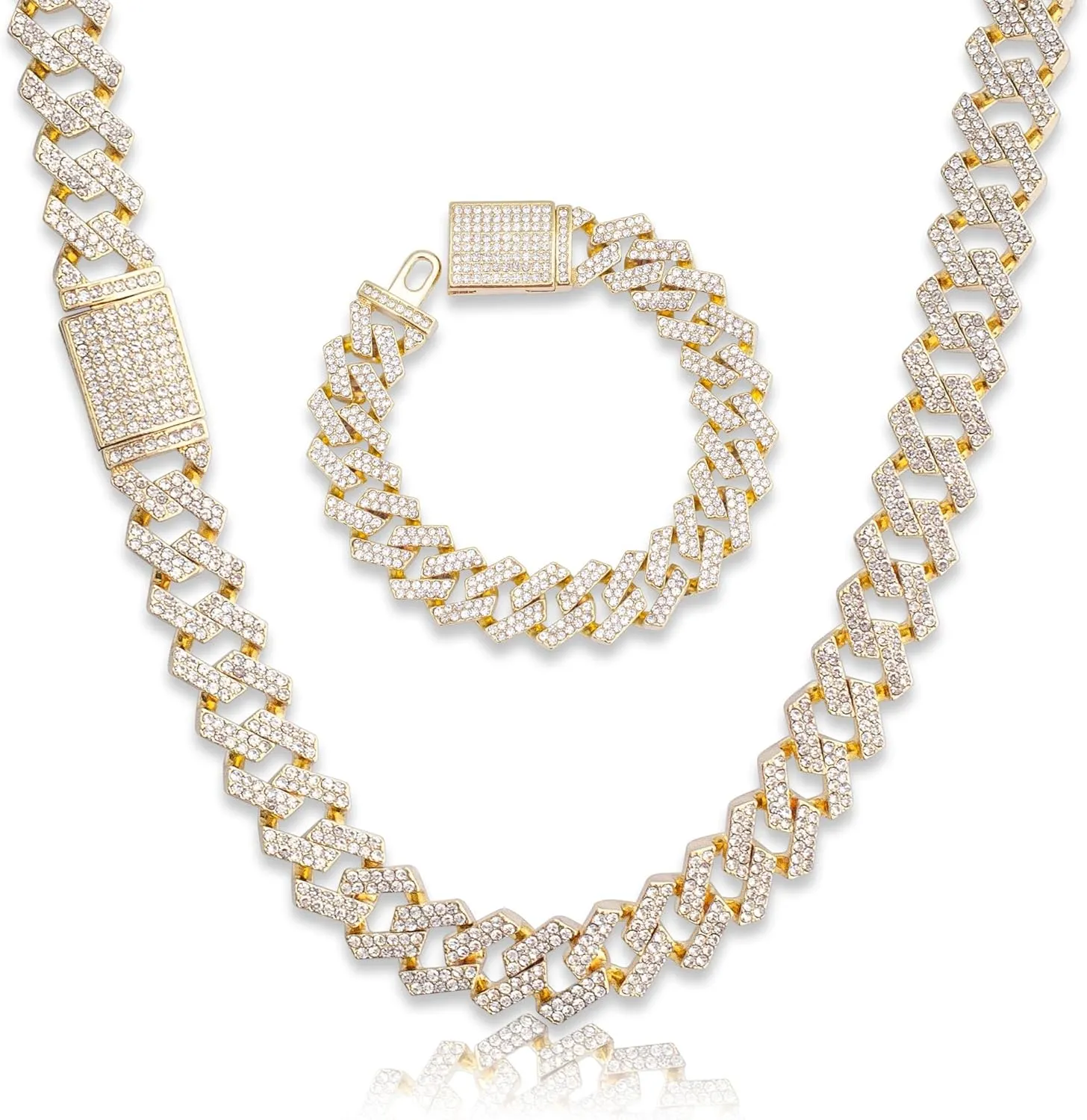 EMESLY Solid Miami Cuban Link Chain Gold/Silver Necklace (16, 18, 20, 22, 24 Inches Length); Hip Hop Bracelet (8" Length) for Men & Women; Perfect Iced Out Bling Jewelry Gift